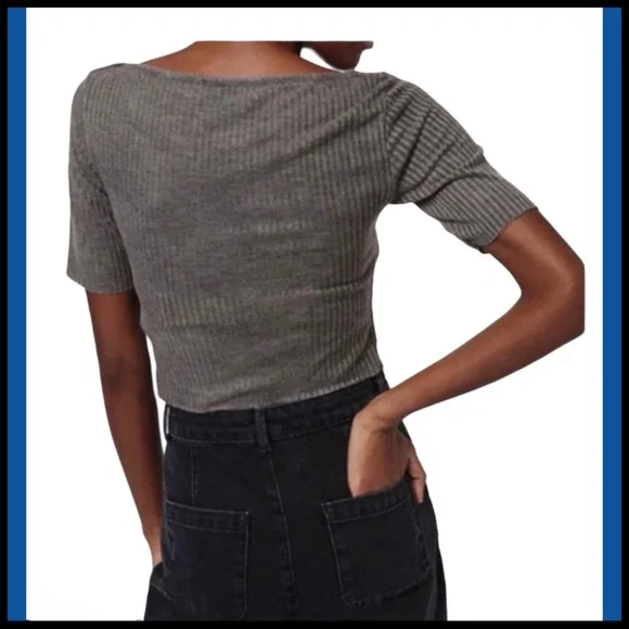 TOPSHOP NWT SLASH RIBBED CROP TEE GREY SZ 6 - Picture 6 of 14